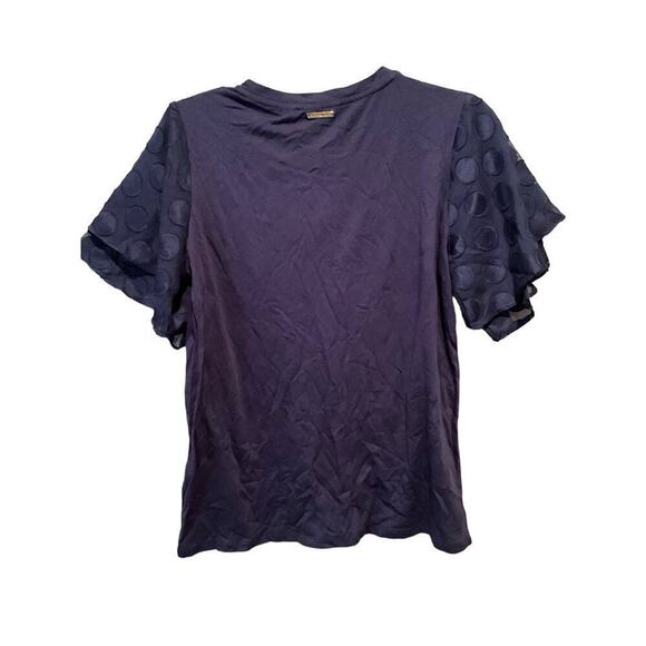 Michael Kors Blouse Top Women SZ L Blue Polka Dot Ruffle Short Sleeve Crew Neck - Picture 2 of 8